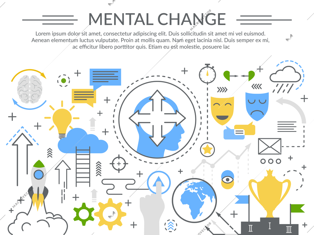 Mental change concept flat symbols composition poster with brain ladders mood masks and winner trophy vector illustration