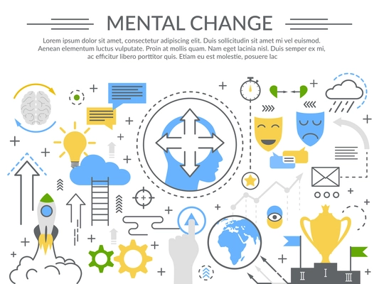 Mental change concept flat symbols composition poster with brain ladders mood masks and winner trophy vector illustration