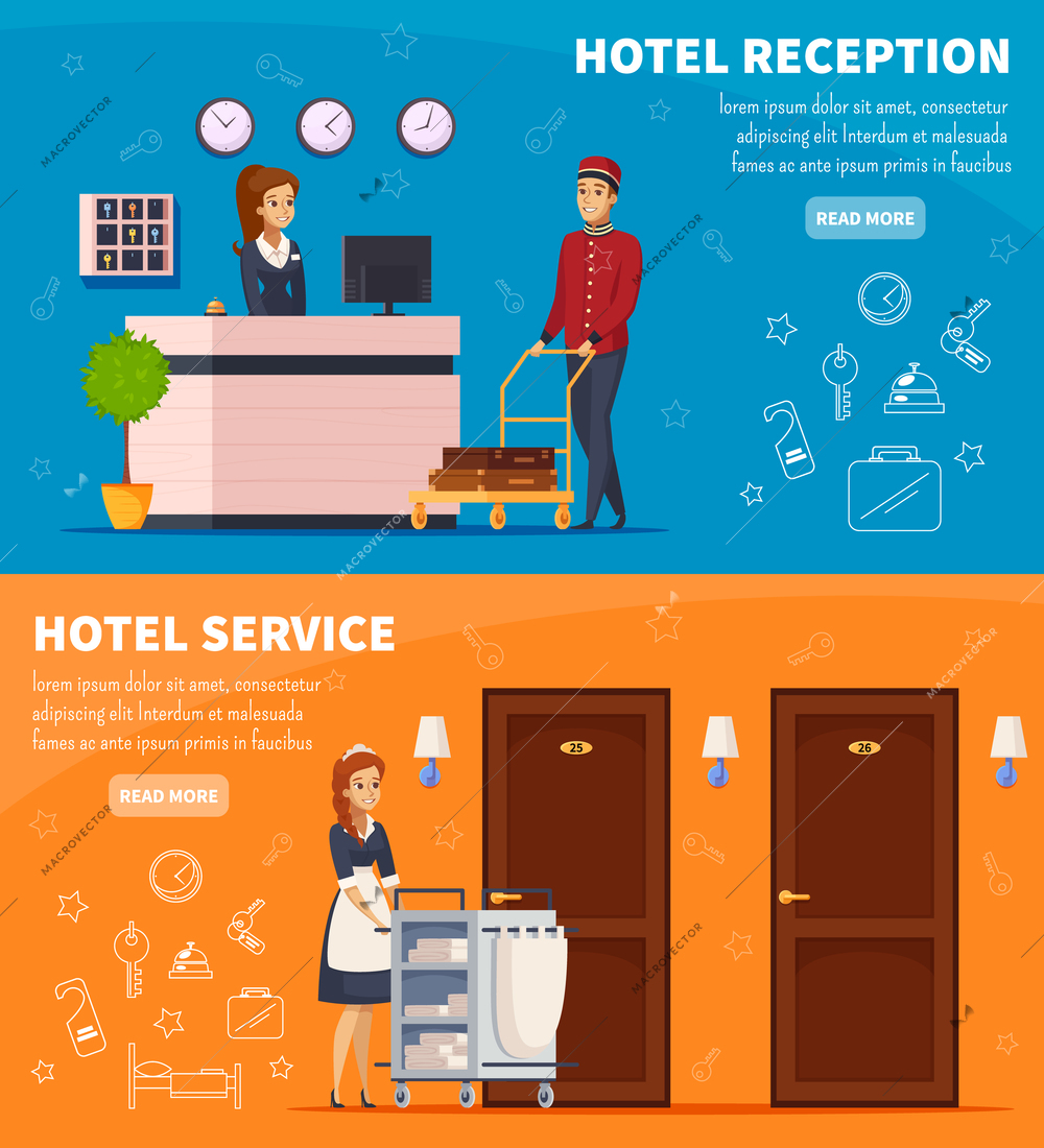 Hotel service horizontal banners with receptionist chambermaid and doorman characters cartoon vector illustration