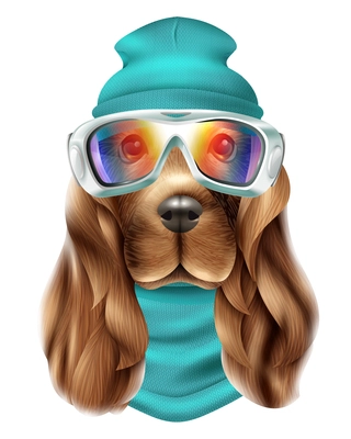 Colored realistic spaniel dog ski suit portrait with cute animal and snowboard equipment vector illustration