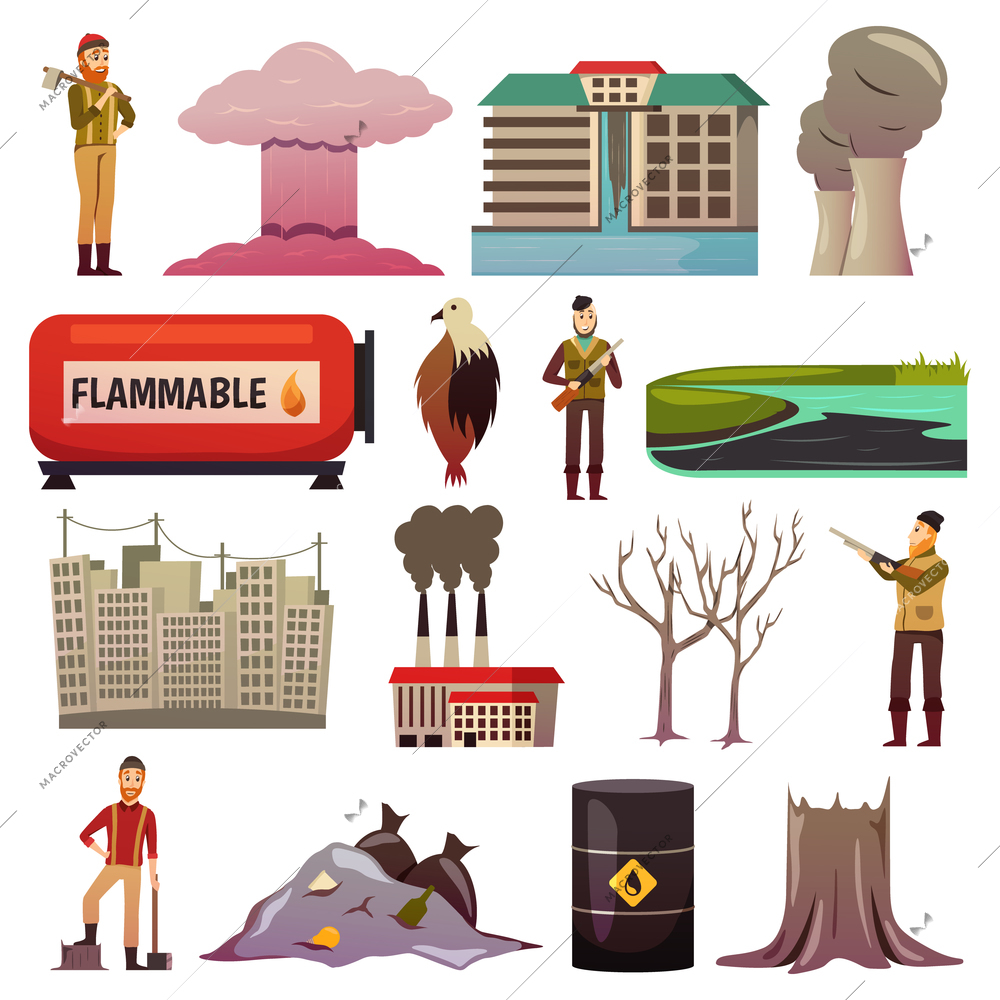 Man-made disasters anthropogenic hazards negligence pollution environment damage nuclear accidents orthogonal icons collection isolated vector illustration