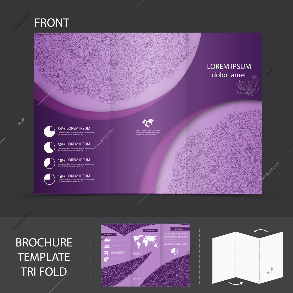 Purple abstract design paper brochure leaflet tri-fold design back and front template vector illustration