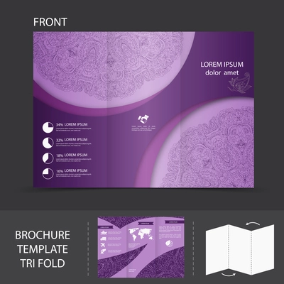 Purple abstract design paper brochure leaflet tri-fold design back and front template vector illustration