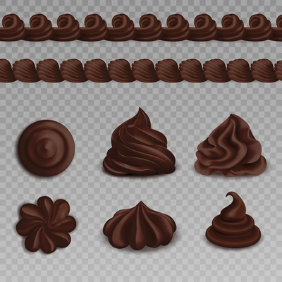 Set of colored whipped cream realistiic transparent composition with chocolate for baking vector illustration