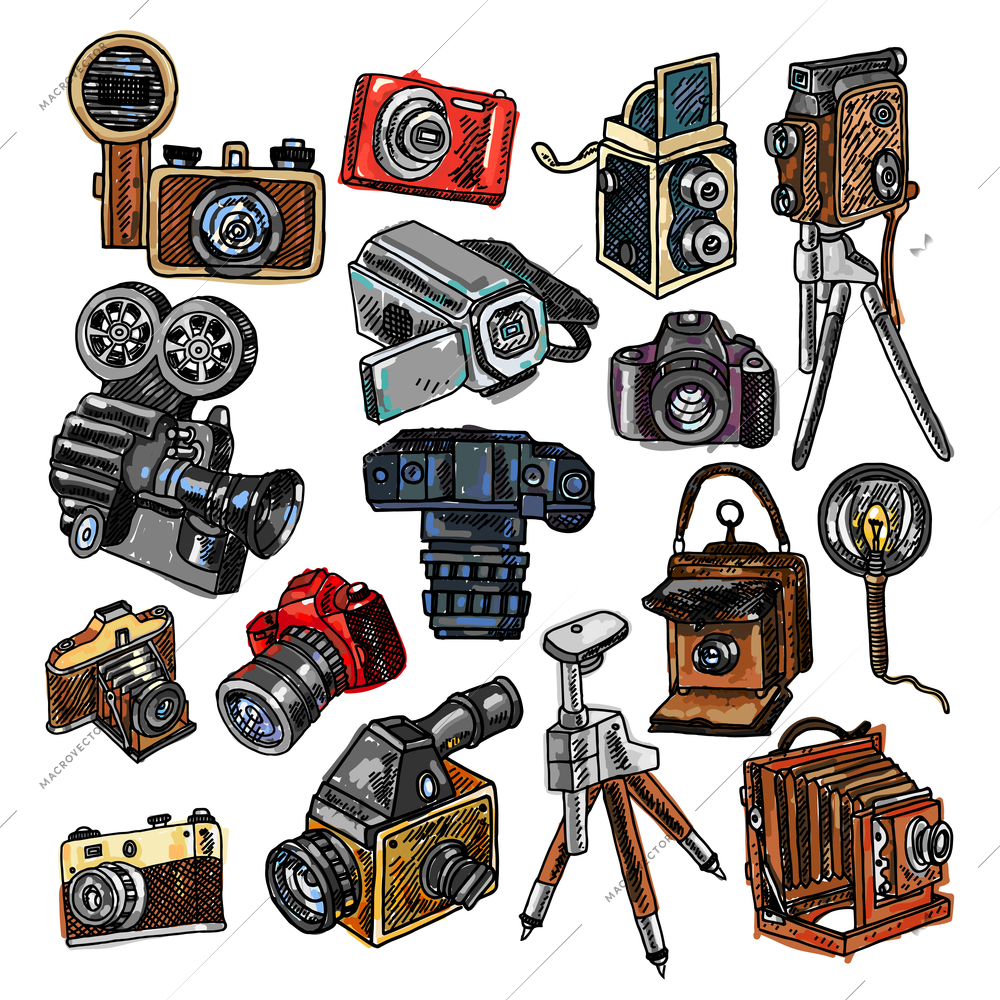 Old mechanical film and automatic modern digital reflex cameras icons collection abstract color doodle sketch vector illustration