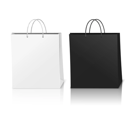 Black and white shopping bags mockup realistic composition with shadows in 3d style vector illustration