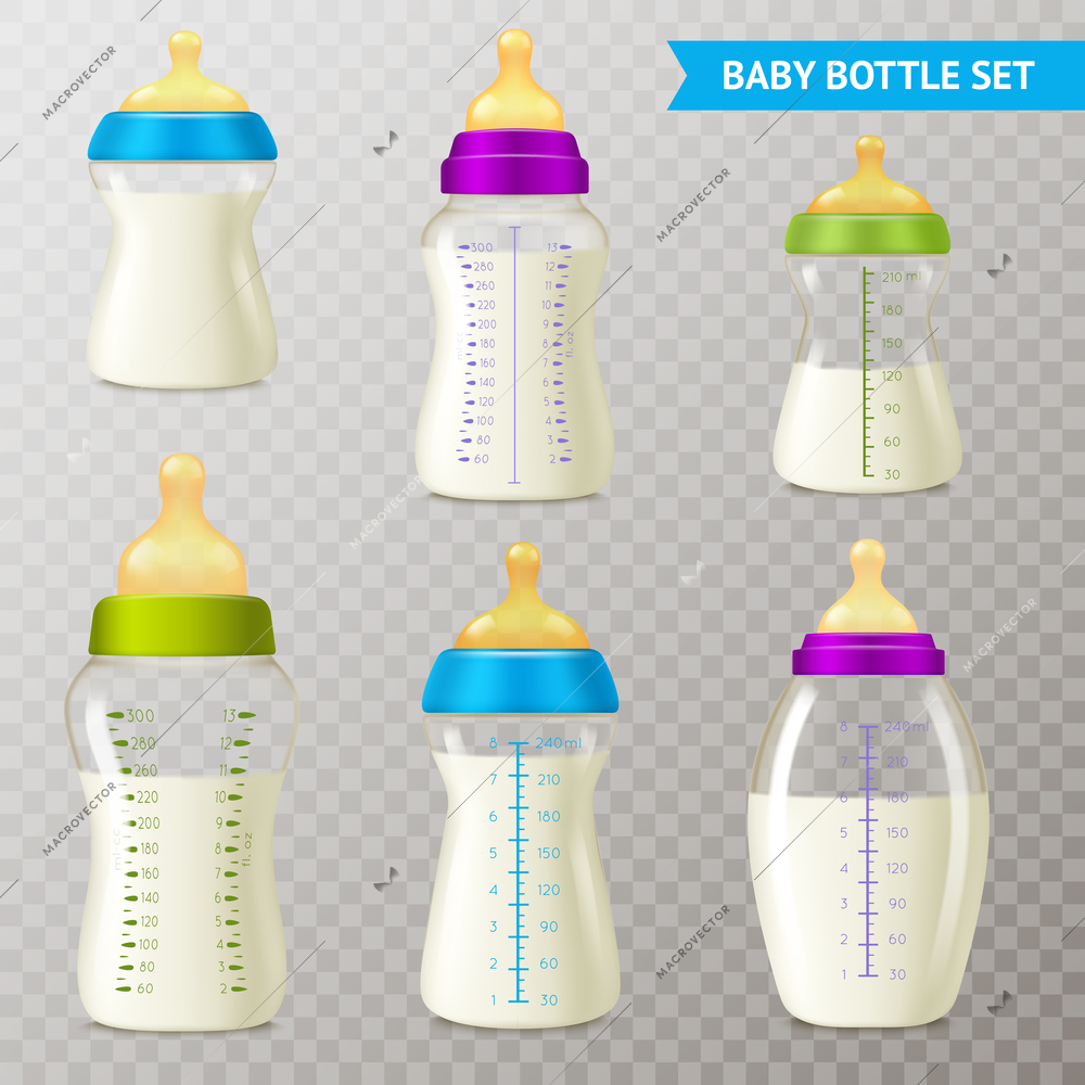 Realistic baby bottle transparent set with isolated images of sucking bottles filled with milk on transparent background vector illustration