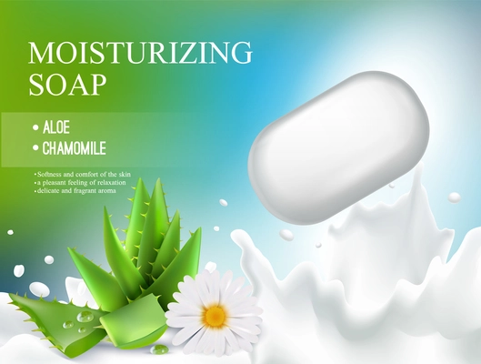 Colored soap realistic composition or flyer with moisturizing soap aloe chamomile headline vector illustration