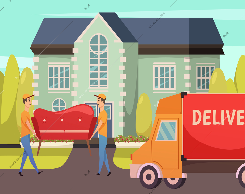 Courier furniture movers professional service orthogonal composition poster with transportation truck and sofa delivery moment vector illustration