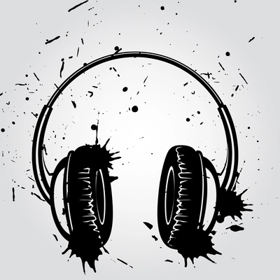 Headphones grunge style ink drawn on white background poster vector illustration