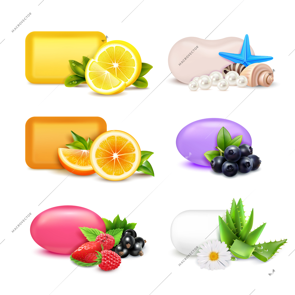 Soap aroma bars realistic set with lemon and orange aroma isolated vector illustration