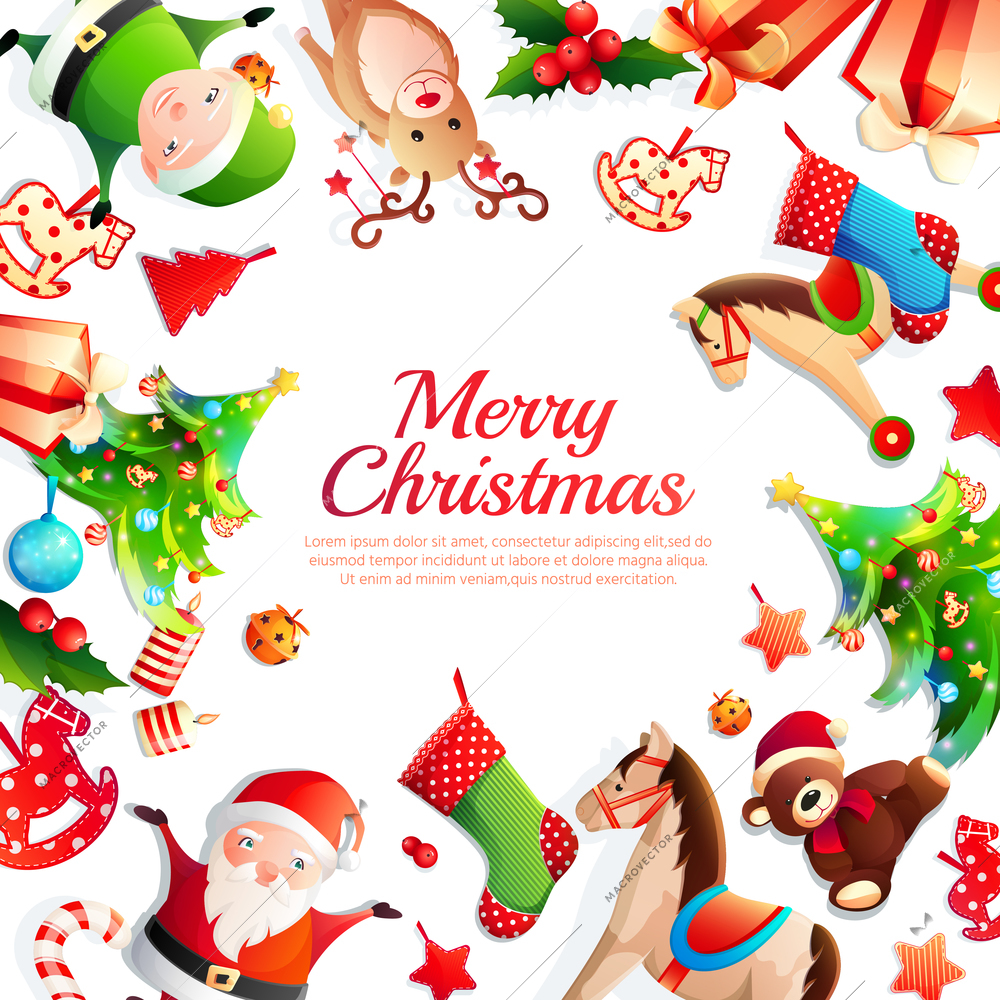 Merry christmas cartoon frame with greeting, xmas tree, santa, animals, holiday decorations on white background vector illustration