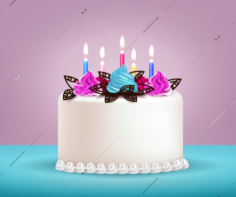 Birthday cake with candles chocolate and whipped cream realistic vector illustration