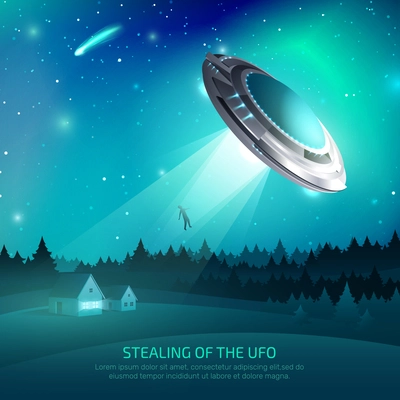 Alien spacecraft poster with flying saucer during kidnapping of person on night sky background vector illustration