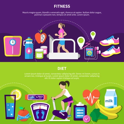 Fitness horizontal banners with women at exercise equipment, diet nutrition, sport app and devices isolated vector illustration