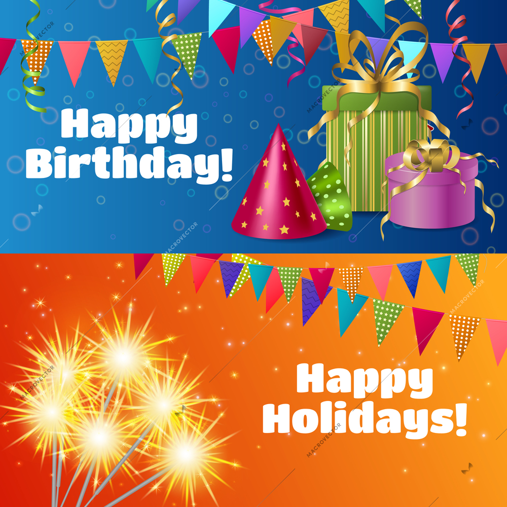 Horizontal banners with realistic festive accessories including gift boxes, streamers, sparklers, flags, party hats isolated vector illustration