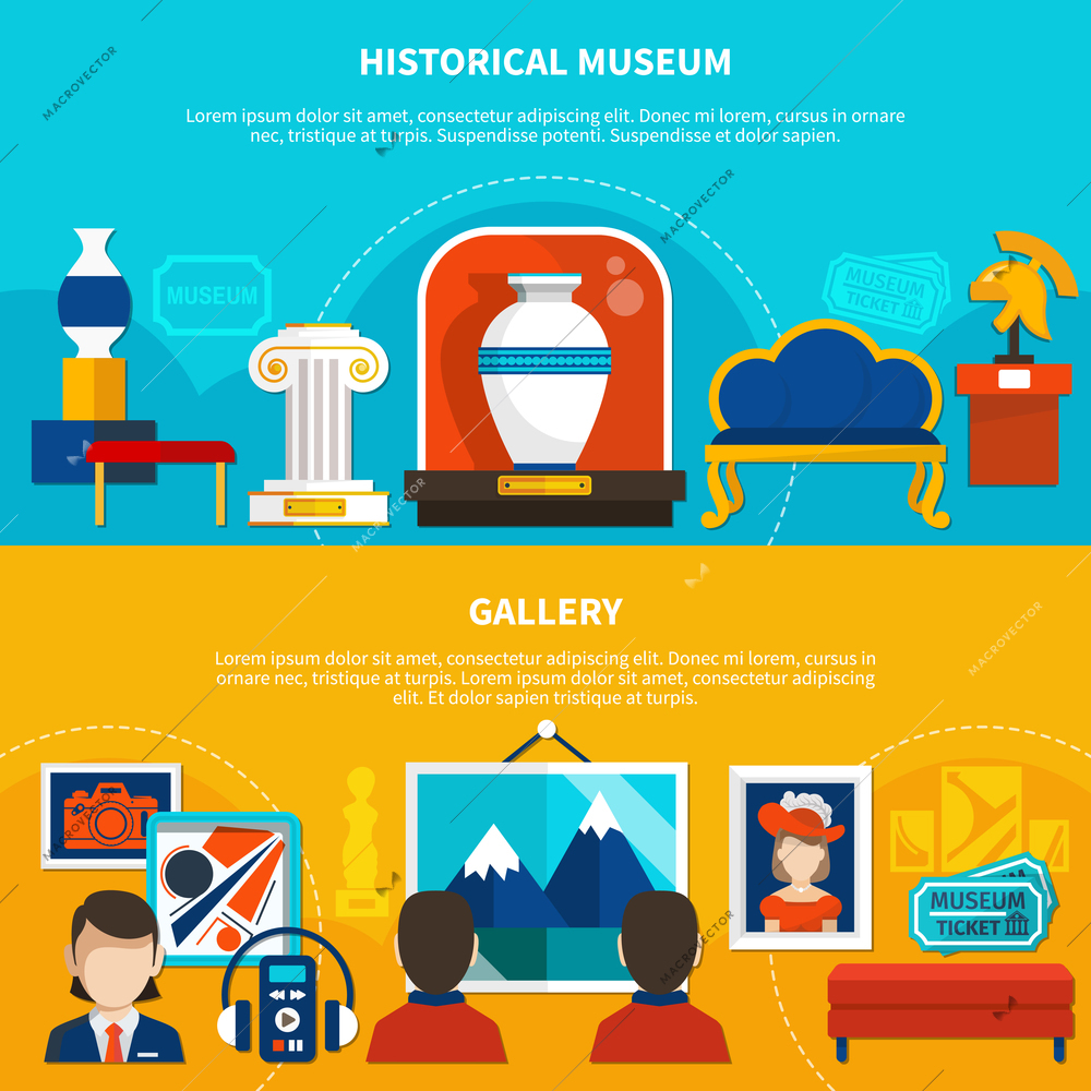 Historical museum and gallery horizontal banners with antique exposits and people visiting picture exhibition vector illustration