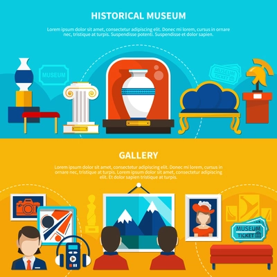 Historical museum and gallery horizontal banners with antique exposits and people visiting picture exhibition vector illustration