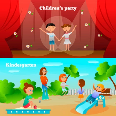 Kindergarten characters compositions with performance of girl and boy and kids on playground isolated vector illustration