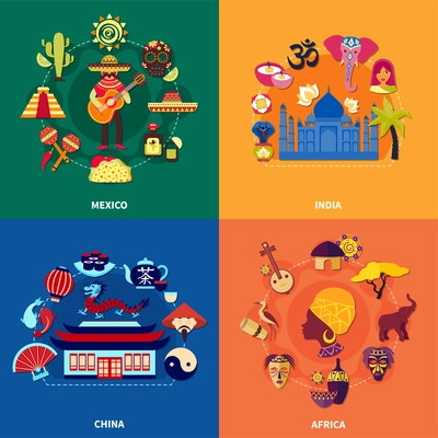 Travel to various countries 2x2 icons set with mexican indian chinese and african culture on colorful background flat isolated vector illustration