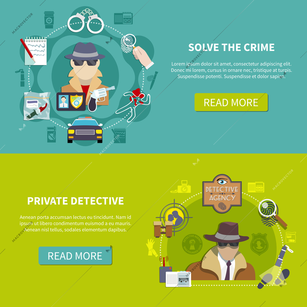 Two colored and flat detective banner set with solve the crime and private detective descriptions vector illustration