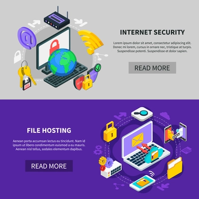 Internet security and file hosting horizontal banners with icons showing data exchange and protection services isometric vector illustration