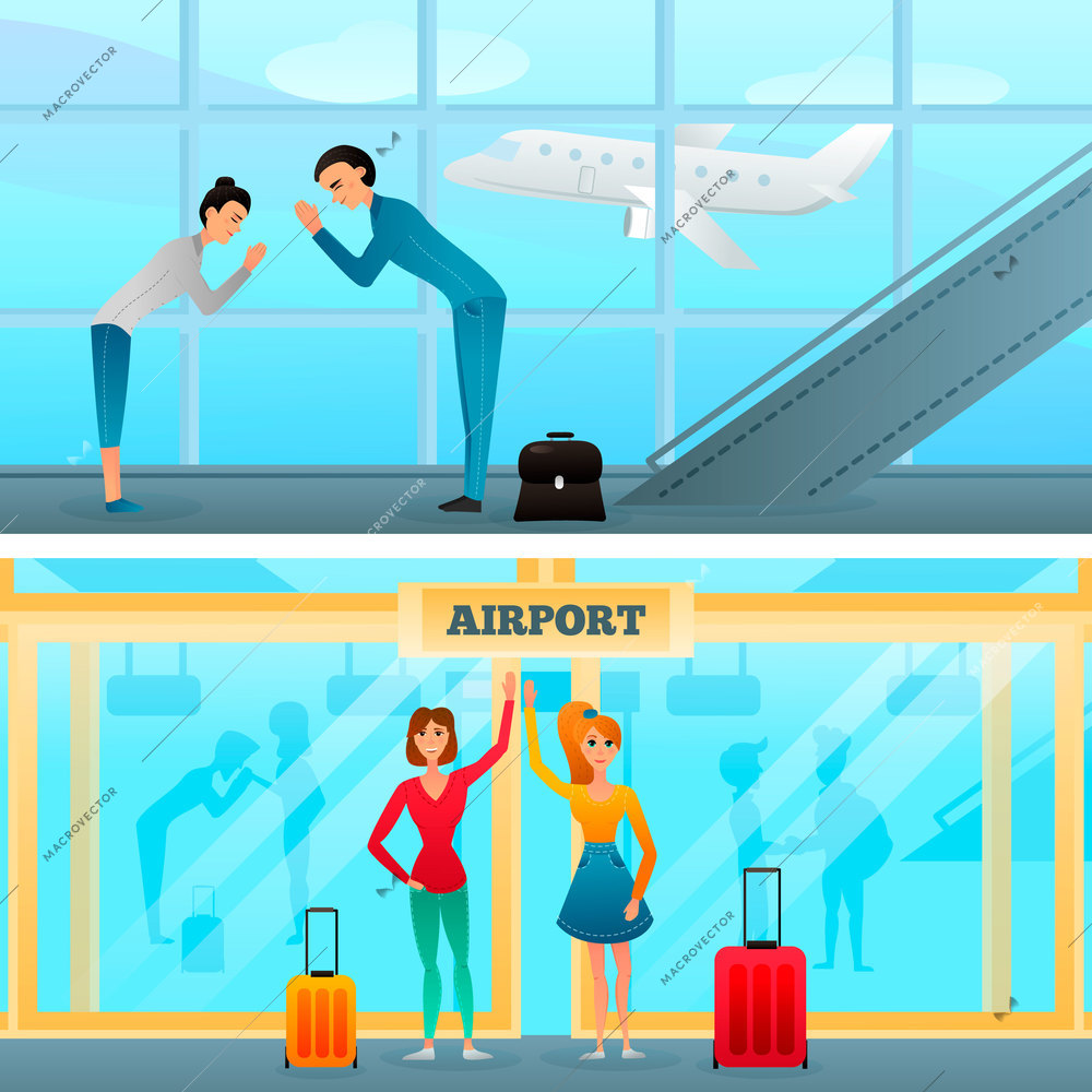 Characters with gestures during business meeting and greeting in airport compositions on window background isolated vector illustration