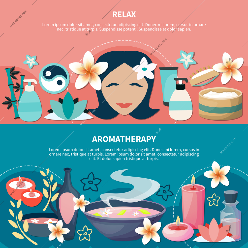 Spa wellness resort popular aromatherapy massage  for relaxation and stress relief 2 flat horizontal banners vector illustration