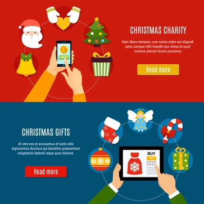 Horizontal banners with christmas charity and buying gifts online on red and blue background isolated vector illustration