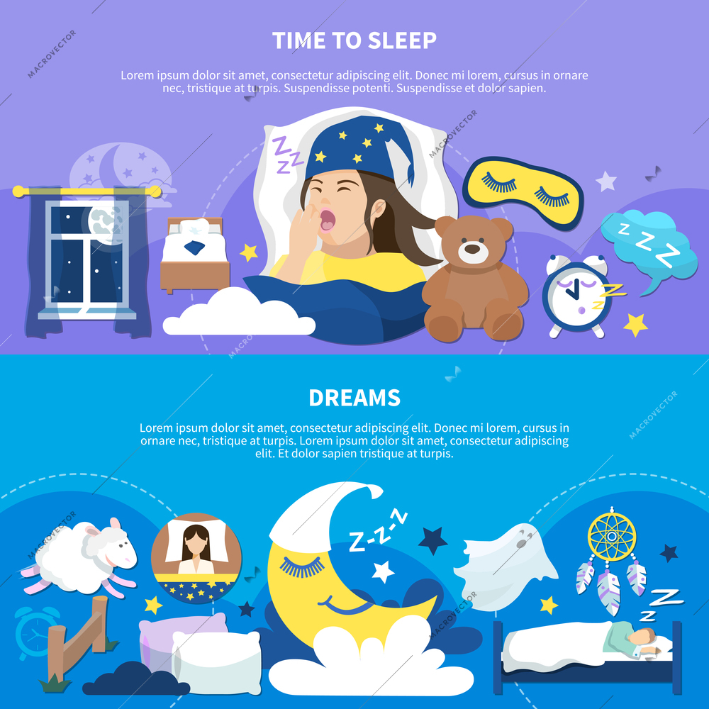 Time to sleep and night dreams sweet childish symbols 2  flat horizontal banners set isolated vector illustration