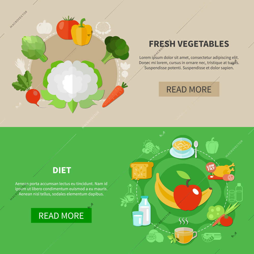 Two colored healthy eating banner set with fresh vegetables and diet descriptions vector illustration