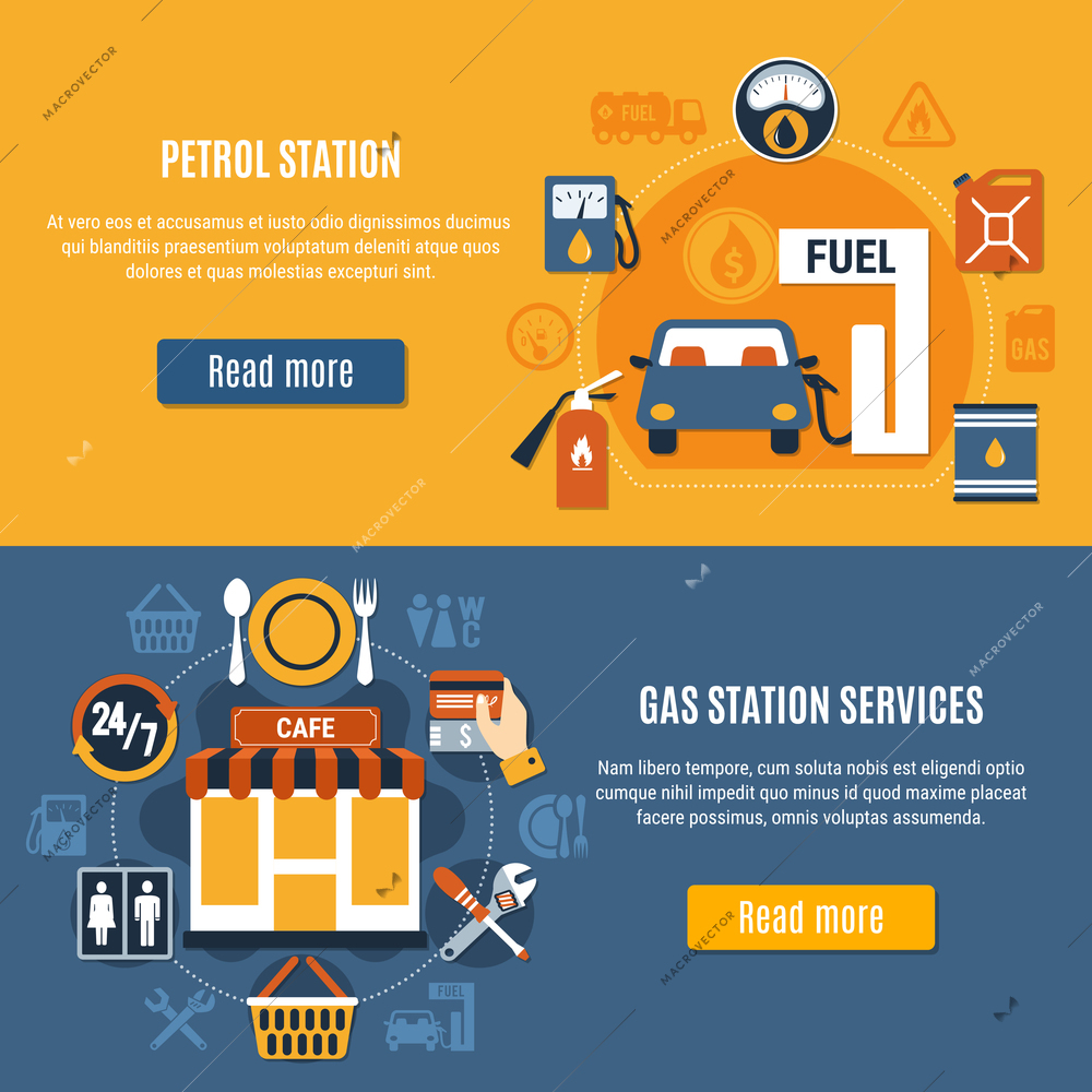 Two flat horizontal fuel pump banner set with petrol station and gas station services descriptions vector illustration