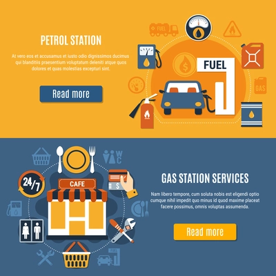 Two flat horizontal fuel pump banner set with petrol station and gas station services descriptions vector illustration