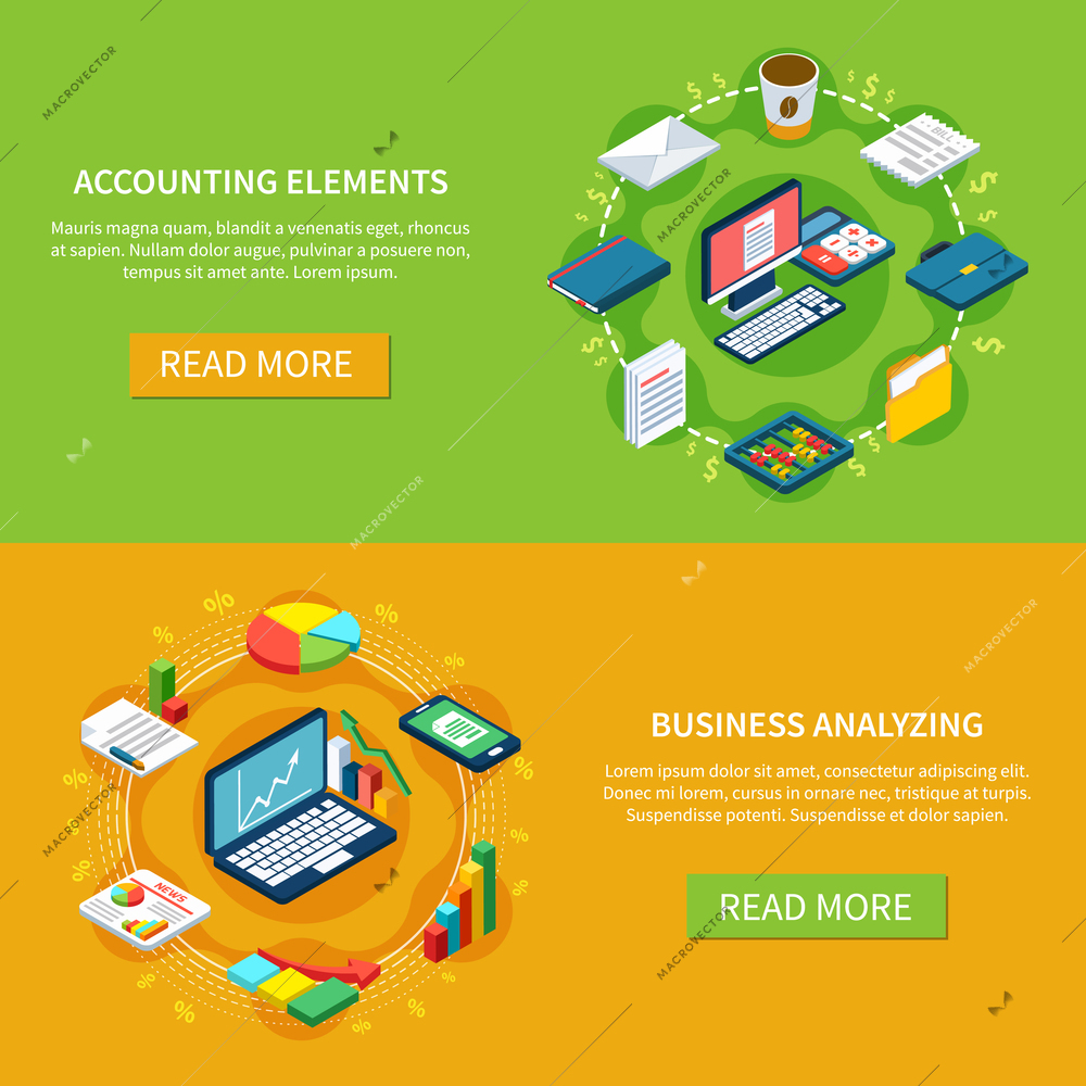 Accounting isometric set of two horizontal banners with icons of files folders computers and various stuff vector illustration