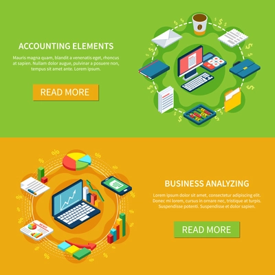 Accounting isometric set of two horizontal banners with icons of files folders computers and various stuff vector illustration