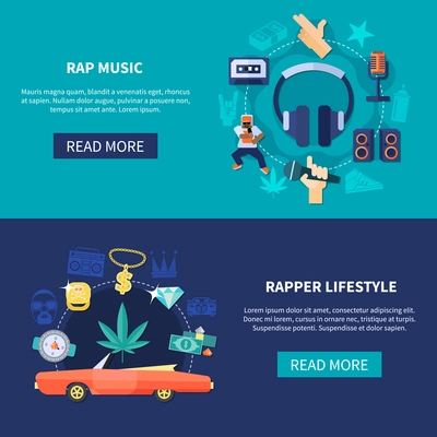 Set of horizontal banners including flat round compositions with rap music and rapper lifestyle isolated vector illustration