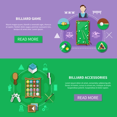 Billiards set of horizontal banners with players, game accessories isolated on green and lilac background vector illustration