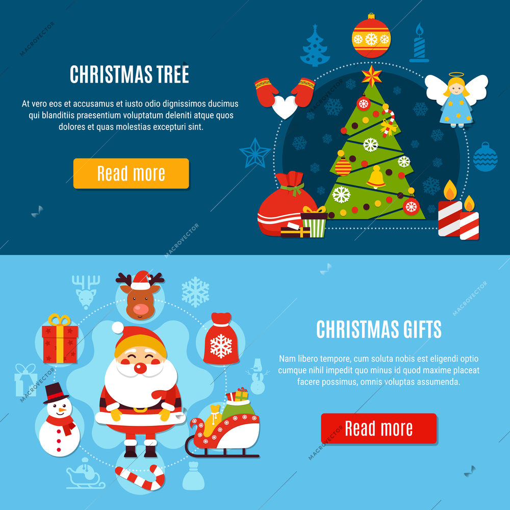 Set of horizontal flat banners with xmas tree and christmas gifts on blue background isolated vector illustration