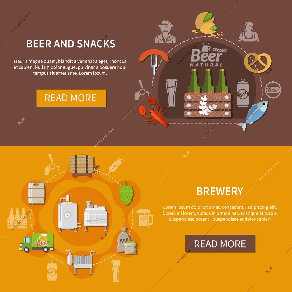 Colorful flat set of horizontal banners with brewery stages and different beer snacks isolated vector illustration