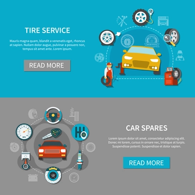 Tire service horizontal banners set with automobile spares and mechanic repairing car flat isolated vector illustration