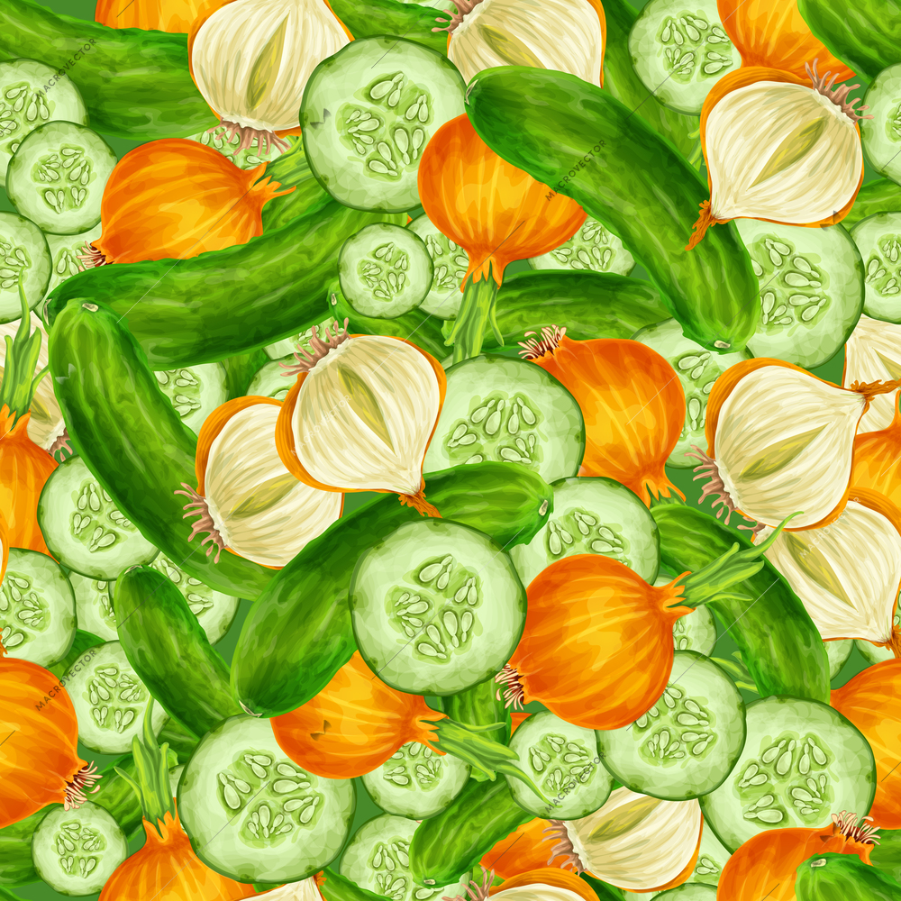 Vegetable organic food seamless background with cucumber and onions vector illustration