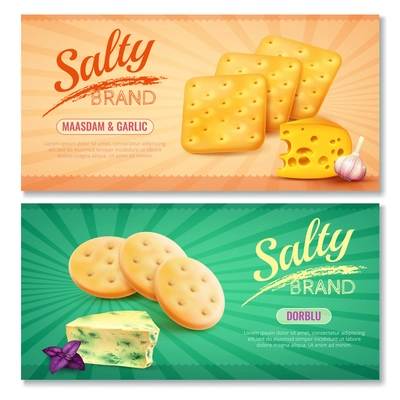 Salty snacks horizontal banners set of two ads with realistic cookies and filler images of premium cheese vector illustration