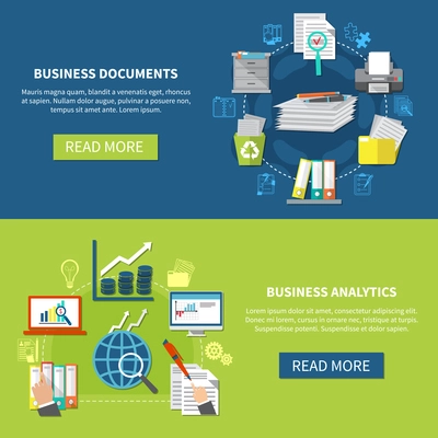 Business items banner set with business documents and analytics descriptions and read more buttons vector illustration