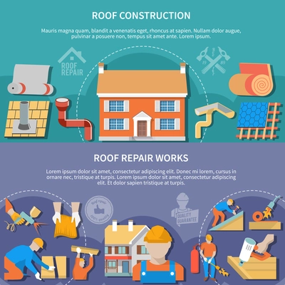 Two flat and horizontal roofer banner set with roof construction and repair works headlines vector illustration