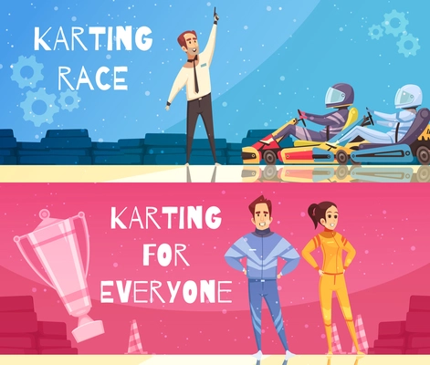 Colorful cartoon set of horizontal banners with kart racing winners isolated vector illustration