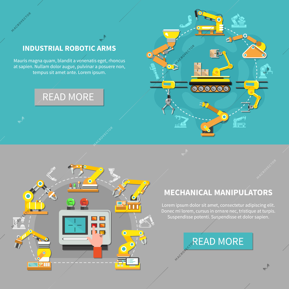 Two colored robotic arm banner set with mechanic manipulators and industrial robotic arms descriptions vector illustration