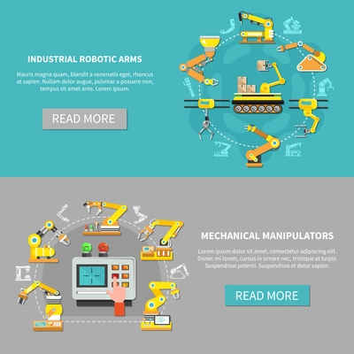 Two colored robotic arm banner set with mechanic manipulators and industrial robotic arms descriptions vector illustration