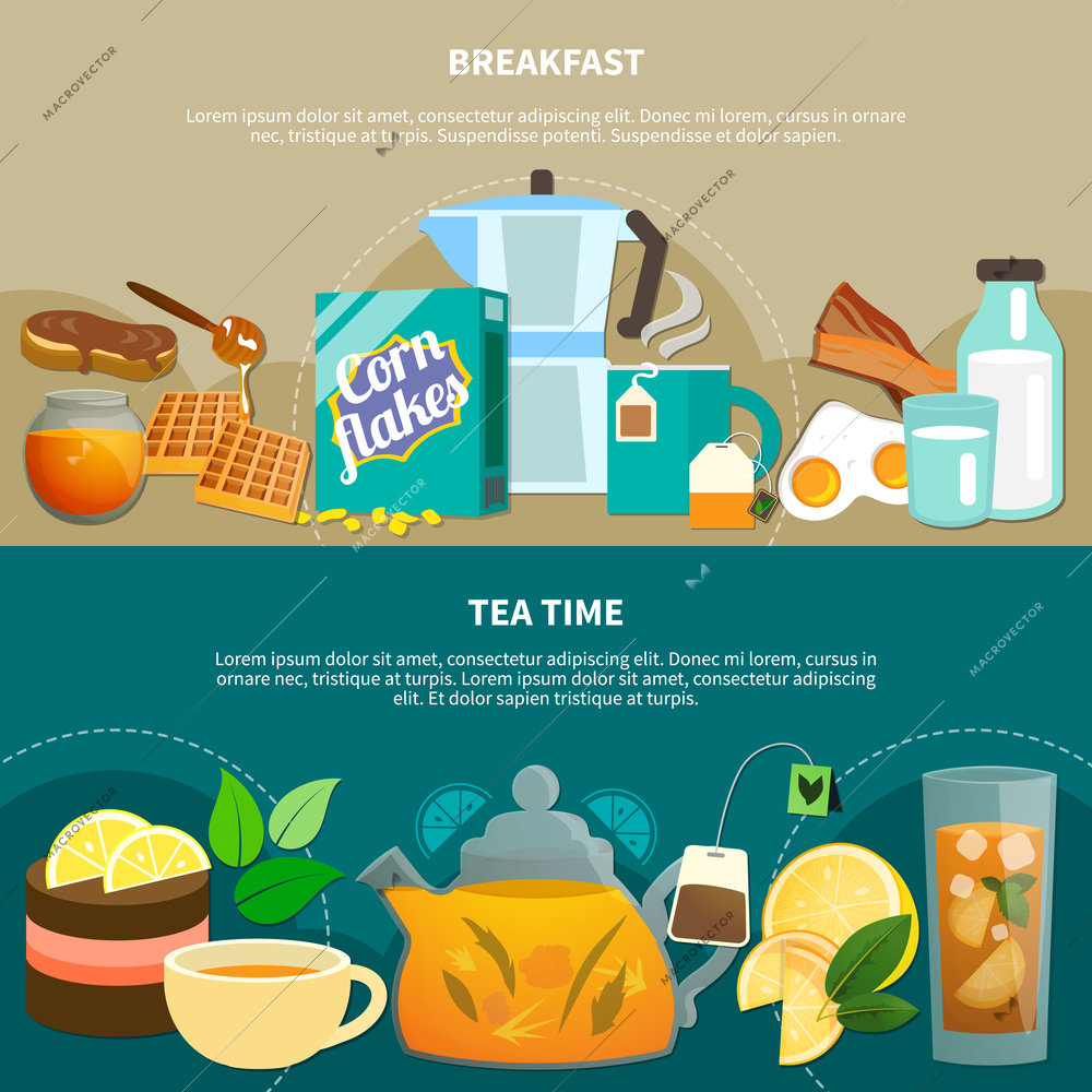 Set of flat horizontal banners with food and drink for breakfast and tea time isolated vector illustration