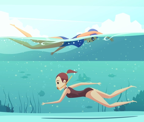 Cartoon set of horizontal banners with two women doing water sports and swimming underwater isolated vector illustration