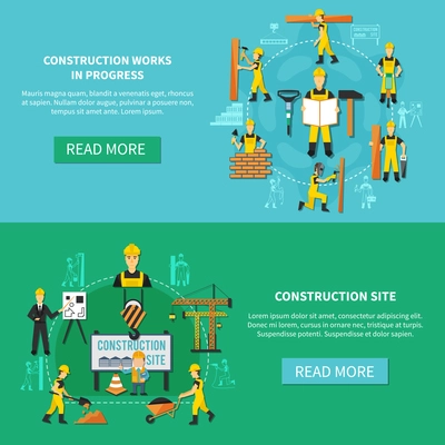 Light blue and green construction worker flat banner set with construction site and works in progress descriptions vector illustration